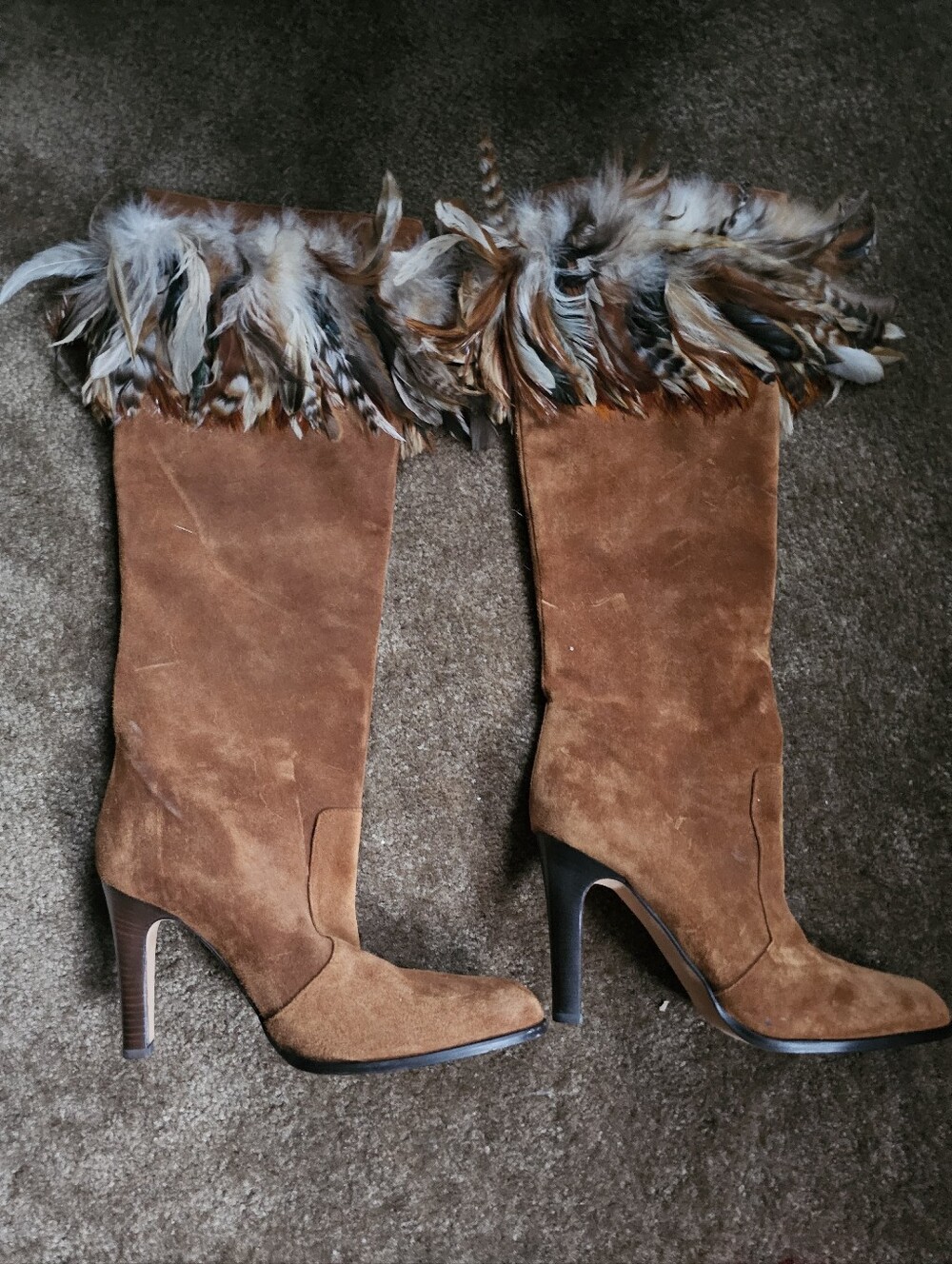 Micheal KORS Women's Brown Suede Feather-Trim High Heel Boots Never Been Worn